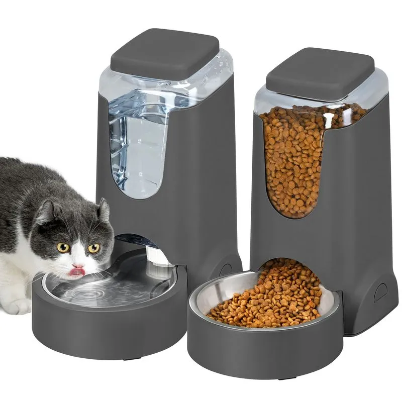 WyfKyd 2 Pack Automatic Pet Feeder and Water Dispenser (1 Gallon, Charcoal Gray)